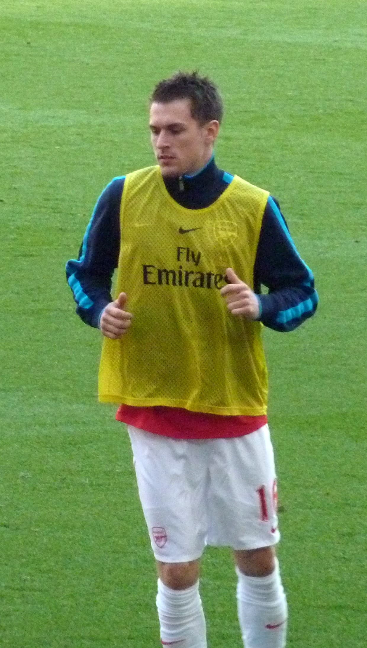 Aaron Ramsey warming up in Arsenal kit before a match against Aston Villa, March 2012