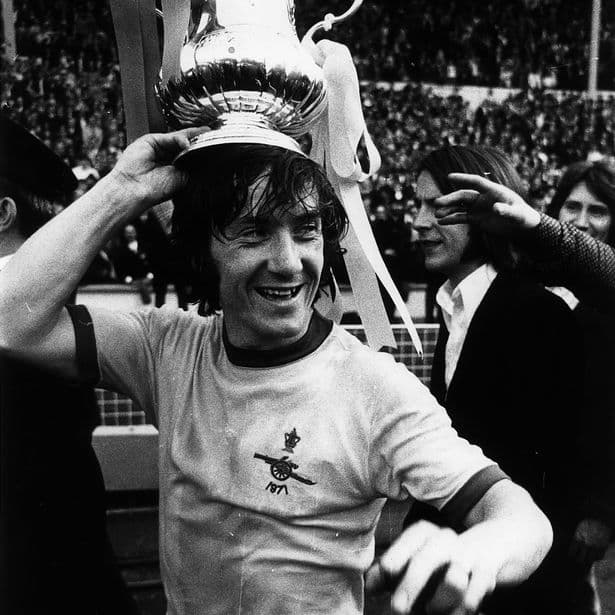 George Armstrong in Arsenal kit, holding the FA Cup after the 1971 win over Liverpool that completed the Double