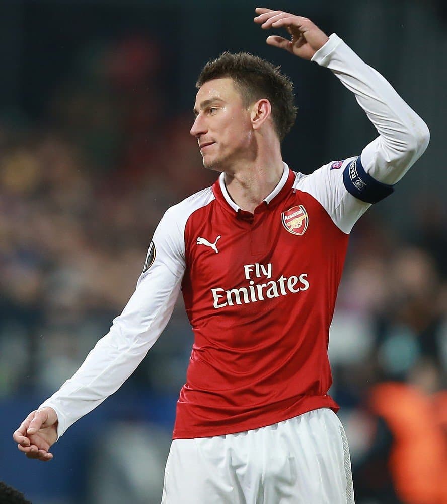 Laurent Koscielny in Arsenal kit, Europa League quarter-final away at CSKA Moscow, April 2018